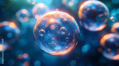 Abstract glowing spheres, blue and orange, floating in space.