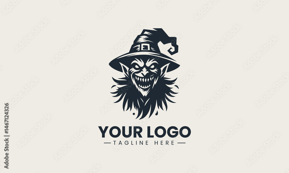 Black vector silhouette of creepy grinning goblin with sharp teeth and pointy hat illustration Black vector silhouette of creepy grinning goblin with sharp teeth and pointy hat illustration