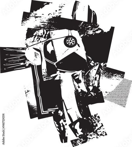 A fragmented grayscale depiction of a vehicle’s interior showcases a steering wheel and dashboard elements.