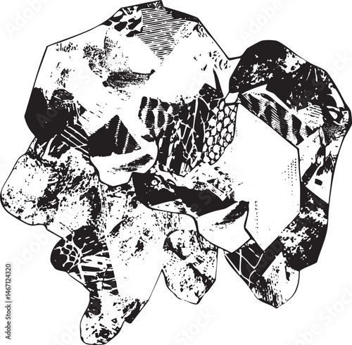 A detailed black and white depicts a jagged crystal formation.