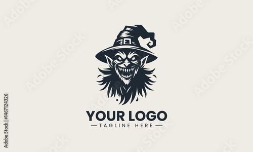 Black vector silhouette of creepy grinning goblin with sharp teeth and pointy hat illustration