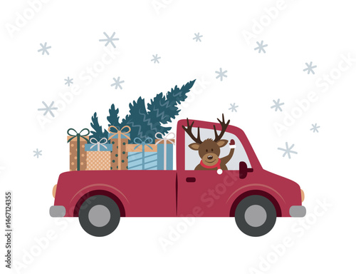 cute deer drives a car with christmas tree and gifts isolated vector illustration