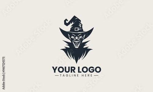 Black vector silhouette of creepy grinning goblin with sharp teeth and pointy hat illustration