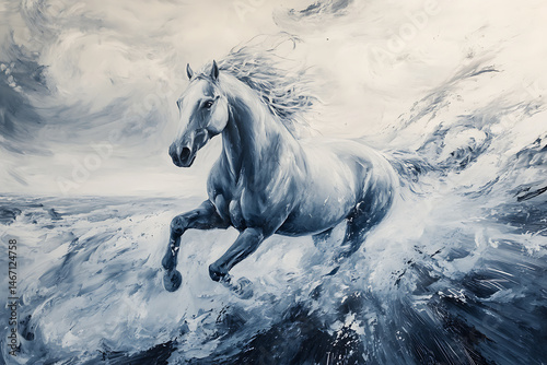 Majestic white horse galloping through turbulent ocean waves under a dramatic sky