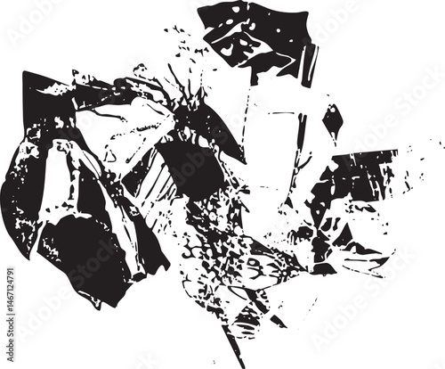 A fragmented stylized portrait emerges from sharp black and white lines.