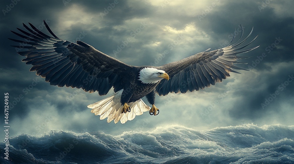 Obraz premium Majestic eagle soaring above stormy seas
