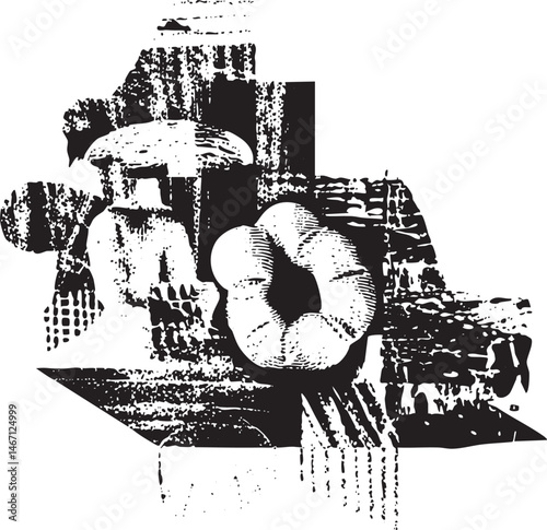 A stark black and white composition features a stylized loaf of bread overlaid with geometric shapes.