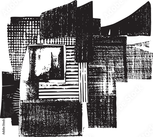 Geometric shapes overlap in a textured black and white composition.