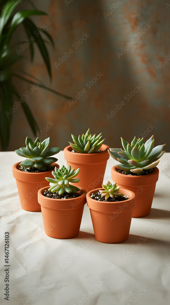 Fototapeta premium Five succulents in terracotta pots sit on a beige fabric