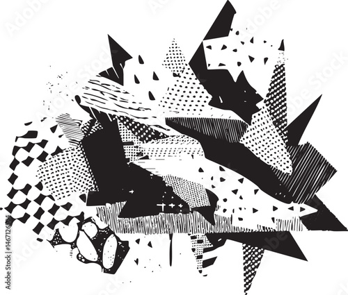 Abstract geometric shapes burst forth from a fragmented background.