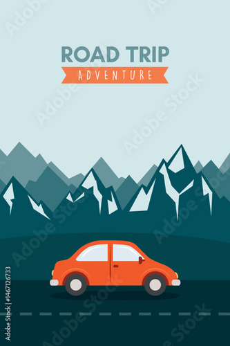road trip adventure in the wilderness car on mountain landscape vector illustration