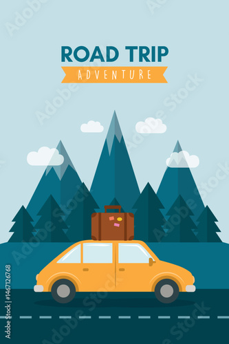 road trip adventure in the wilderness car on mountain landscape vector illustration