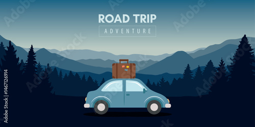 road trip adventure in the wilderness car on mountain landscape vector illustration