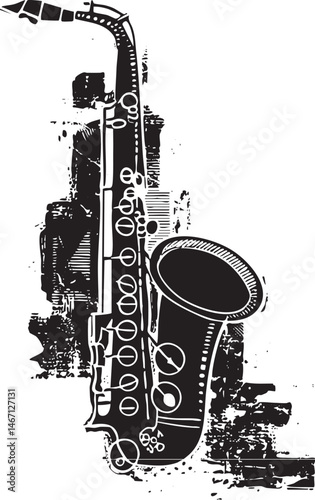 A black and white depicts a saxophone with textured distressed lines.