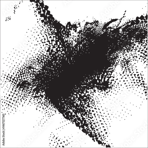 A dark textured splatter spreads across a white background.