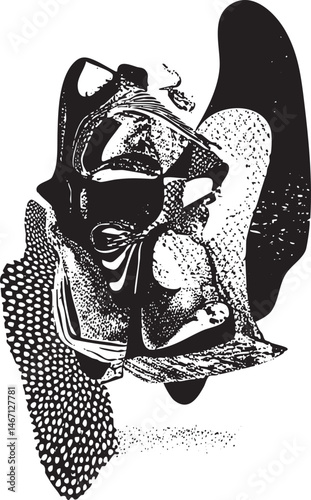 A stylized textured head portrait features a patterned surface and abstract shapes.