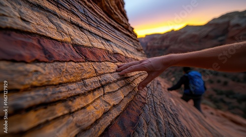 Canyon wall striations showcasing natural texture and layered rock formations in sunset glow, hand touching eroded sandstone surface, adventure hiking through narrow southwest passage