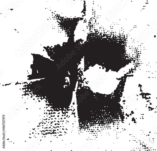 A dynamic black and white splatter creates an abstract composition.