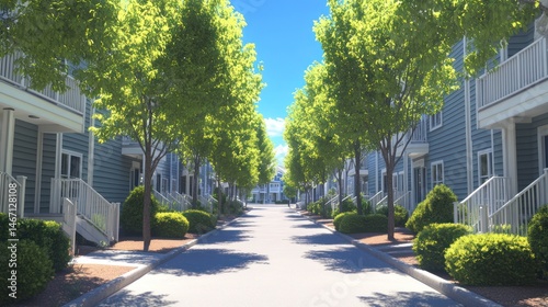 Sunny residential street, calm neighborhood, digital illustration. Possible use Stock photo for real estate, design inspiration