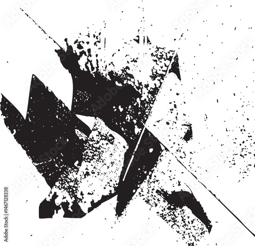 A dynamic fragmented black and white abstract shape dominates the .