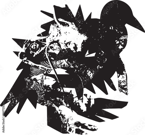 A stark stylized raven perches on a delicate branch.