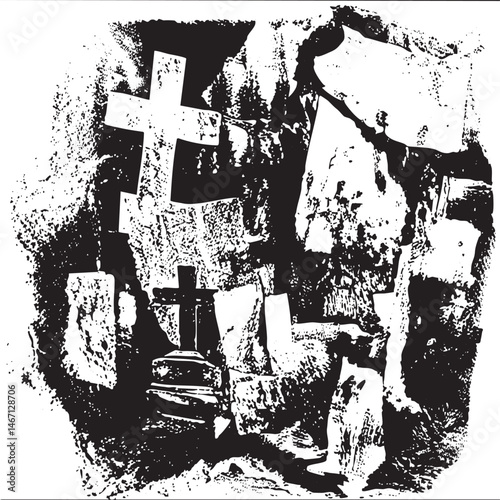 Several weathered wooden crosses stand in a dark textured cave setting.