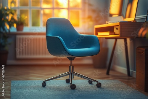 A teal office chair sits near a wooden desk bathed in the warm glow of sunset light.