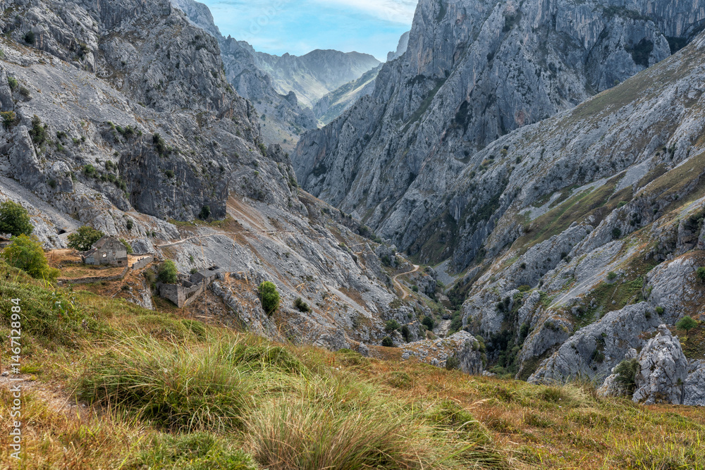 Fototapeta premium Stunning panoramic view of the dramatic rocky peaks and deep valleys of the Picos de Europa National Park in Spain, showcasing rugged cliffs, narrow gorges. Popular destination for hiking, adventure.