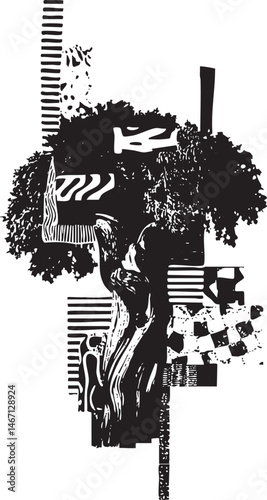 A solitary figure stands amidst a textured abstract tree silhouette.
