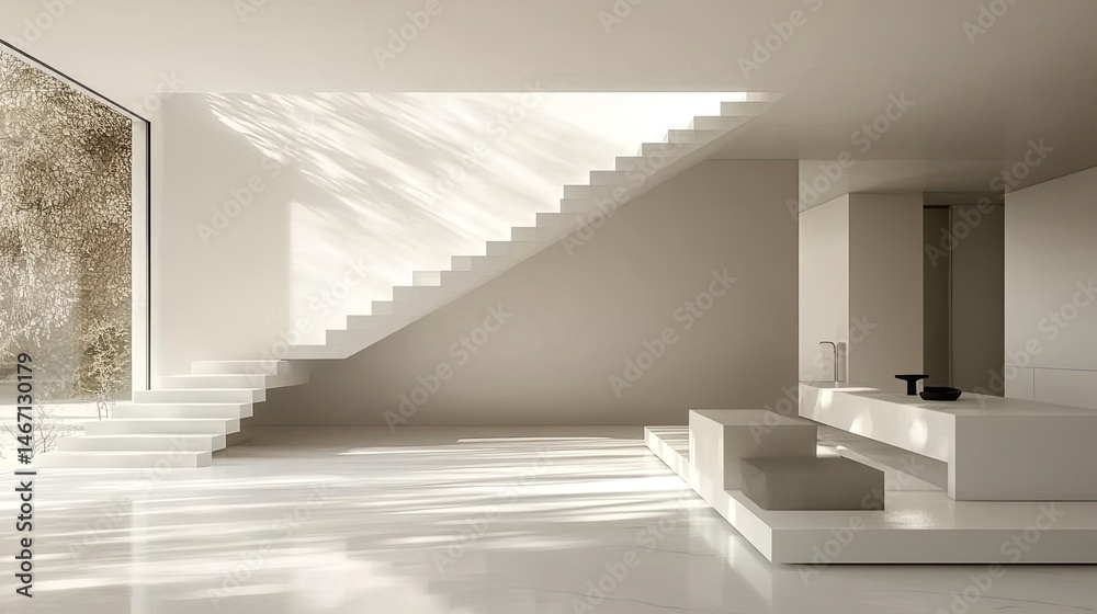 Fototapeta premium Modern interior space featuring large glass windows that provide natural light and a view of green landscaping.