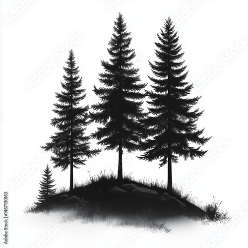 Dark silhouettes of pine trees, deep black stylized for fantasy night scene illustration. High resolution, isolated on transparent or white background. Minimal detail, perfect for magical landscape co