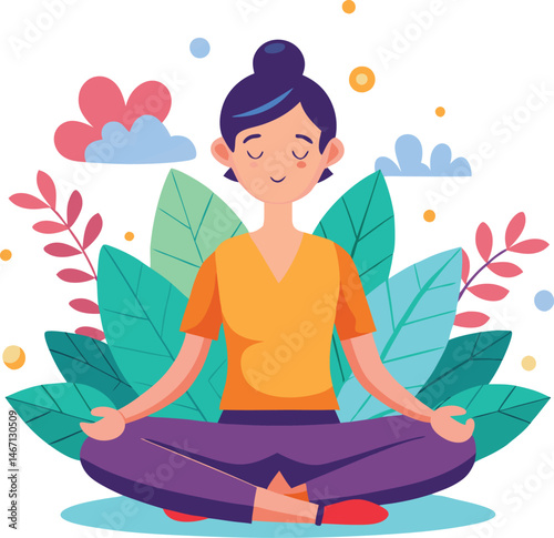 Peaceful Woman Meditating in Nature, Flat Vector Illustration for Mindfulness and Wellness