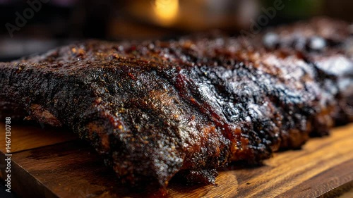 Juicy, tender barbecue ribs seasoned and smoked to perfection, resting on a rustic wooden cutting board, ready to be served at a barbecue feast