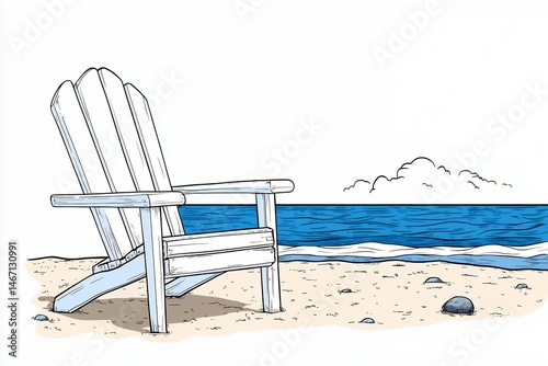 White Adirondack Chair on Sandy Beach by Ocean