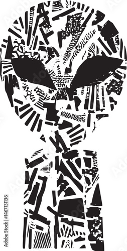 A stylized fragmented alien face dominates the with prominent eyes and a textured .