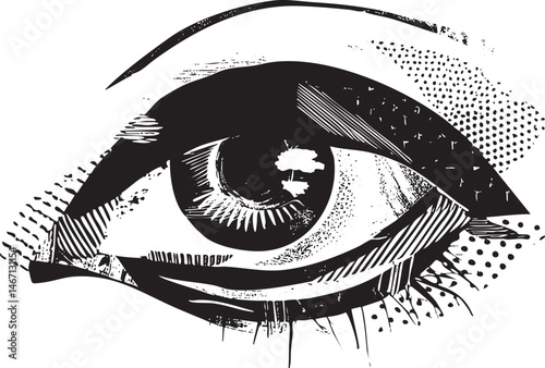 A large detailed eye appears to gaze intently.