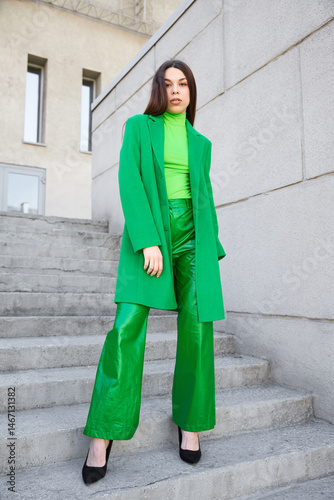 High fashion photo of a young brunette woman in green coat, poloneck and leather pants. photo