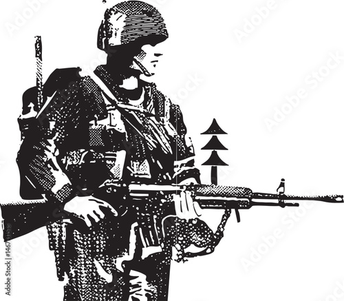 A lone soldier stands attentively holding a rifle in a forested area.