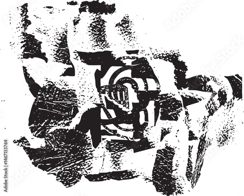 A textured black and white rose emerges from a chaotic background.