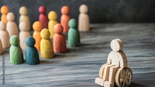 Social exclusion and disability concept with wooden figures and one wheelchair user isolated from the group photo