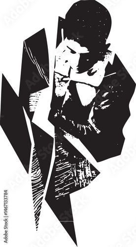 A young man gazes thoughtfully at a reflective surface creating an abstract portrait.