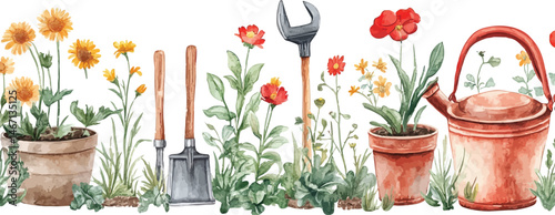 Gardening Tools and Flowers Watercolor: A charming watercolor illustration featuring a row of terracotta pots filled with blooming flowers, accompanied by gardening tools.
