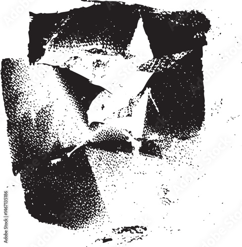Abstract black and white featuring fragmented geometric shapes.