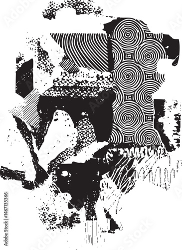 Abstract black and white geometric shapes create a dynamic layered composition.
