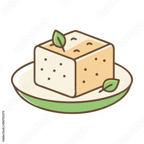 Delicious tofu cube on plate with green leaves healthy eating vegan food illustration design