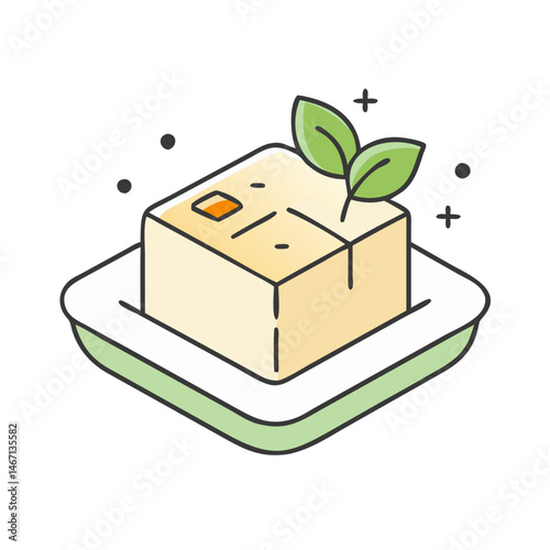 Isolated tofu block with green leaves on plate vector illustration for asian cuisine food