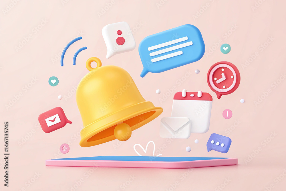 Fototapeta premium 3D notification bell icon with chat bubble speech floating around on pastel background