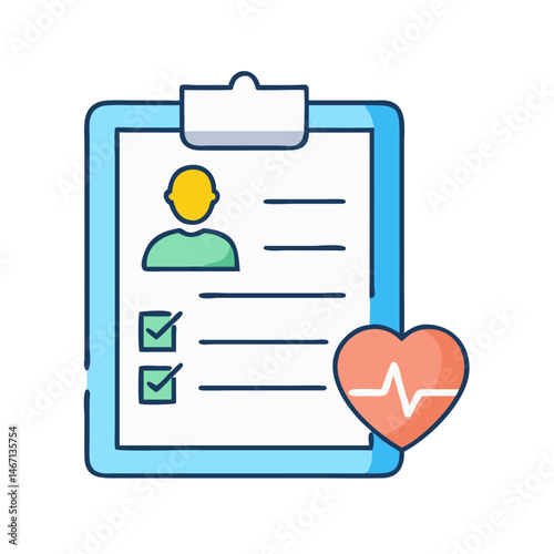 Medical health checkup checklist clipboard with patient information and heart rate monitor
