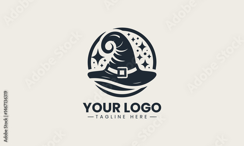 Black outline logo design of classic witch hat with magical swirl and stars