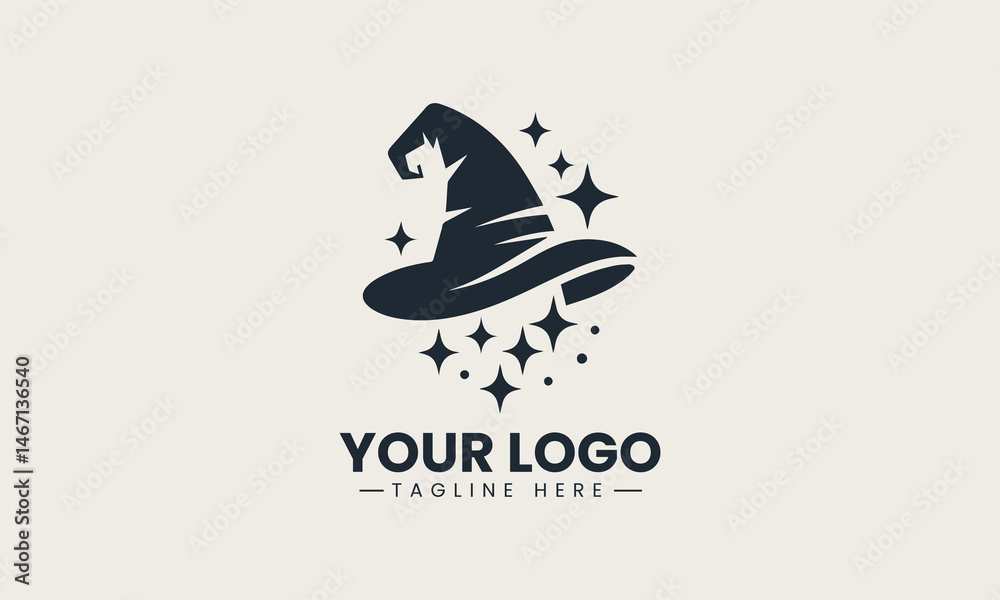 Obraz premium Black outline logo design of classic witch hat with magical swirl and stars